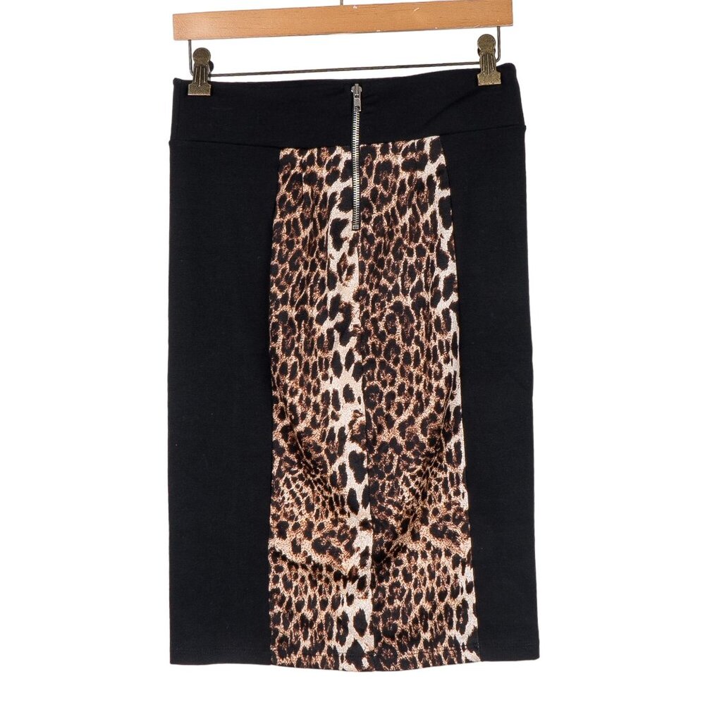Leopard Print Y2K Pencil Skirt M Womens Black Brown Colorblock Zipper Whimgothsi - Picture 5 of 5